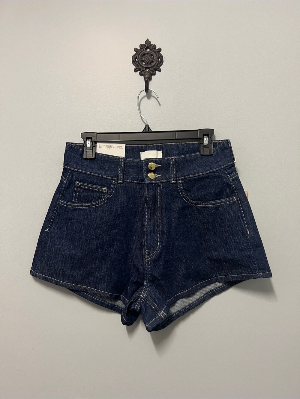 H&M 100% Cotton Dark Blue Denim High-Waist Jean Shorts Gold Buttons Size 6